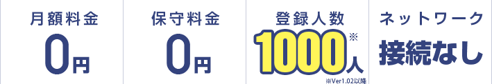 導入料金0円、月額料金0円、保守料金0円、登録人数300人、ネットワーク接続なし