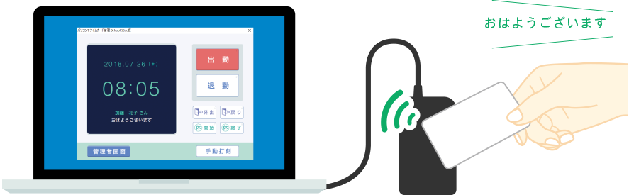 パソコンとICカードで勤務時間を記録できます