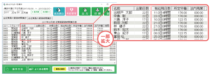 従業員ごとの労働時間を労働基準法に準じて自動集計