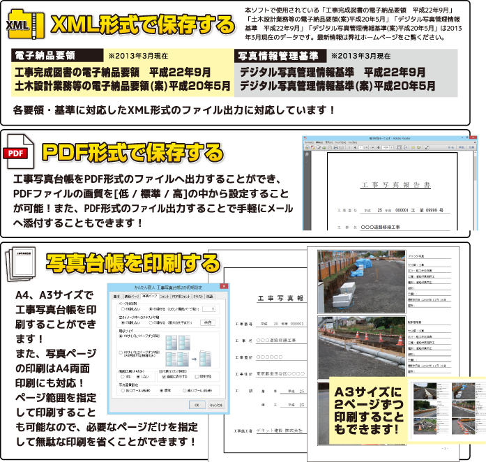 XML形式、PDF形式で保存する、写真台帳を印刷する