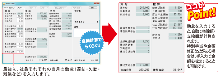 最後に、社員それぞれの当月の勤怠（遅刻・欠勤・残業など）を入力します。