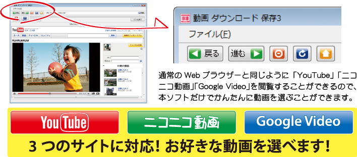 「YouTube」「ニコニコ動画」「Google Video」3つのサイトに対応！お好きな動画を選べます！