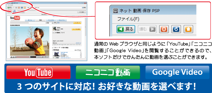 「YouTube」「ニコニコ動画」「Google Video」3つのサイトに対応！お好きな動画を選べます！