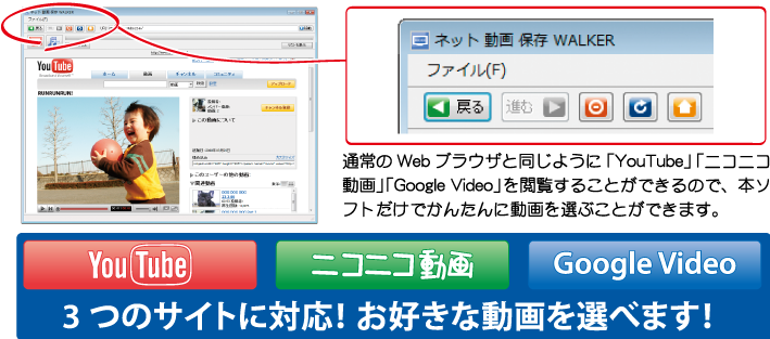 「YouTube」「ニコニコ動画」「Google Video」3つのサイトに対応！お好きな動画を選べます！