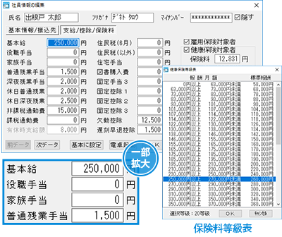 支給・控除・保険料を一元管理。保険料率は等級表から選ぶだけ。