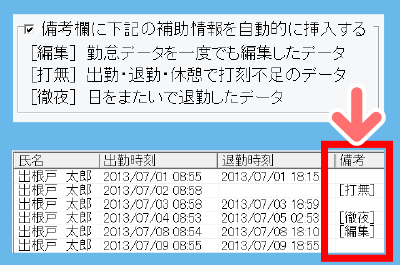 打刻無や徹夜などの補助情報を自動で挿入