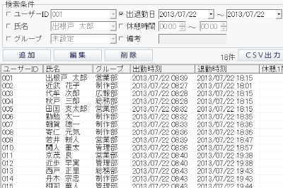 従業員や勤務時間などで検索できる