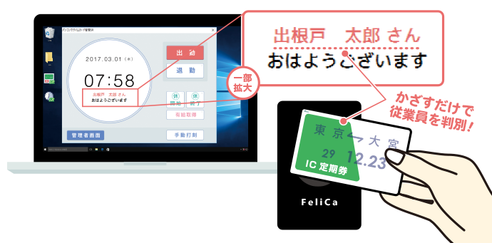 登録されたICカードをかざすだけで従業員を判別