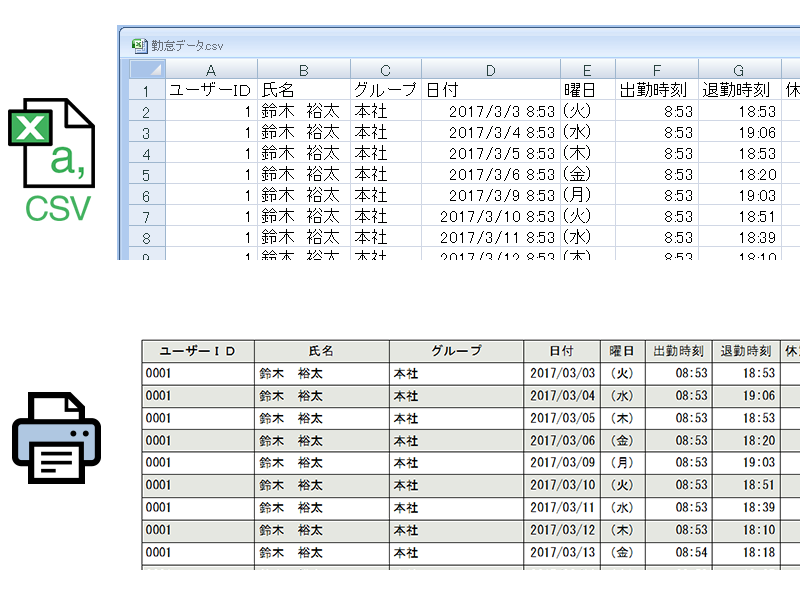 出退勤記録はCSV形式や印刷でも出力可能