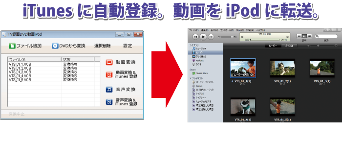 iTunesに自動登録。動画をiPodに転送。