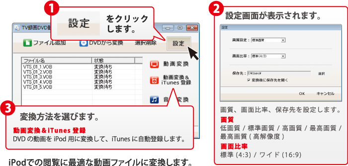 iPodでの閲覧に最適な動画ファイルに変換します。