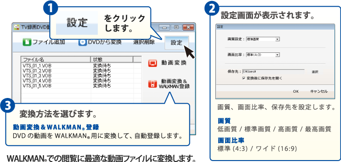 WALKMANでの閲覧に最適な動画ファイルに変換します。