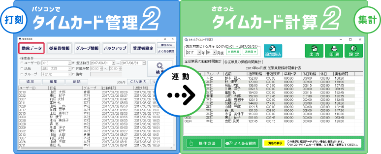 「パソコンでタイムカード管理2」で打刻したデータを設定した内容で自動集計。毎月の集計作業がかんたんに。